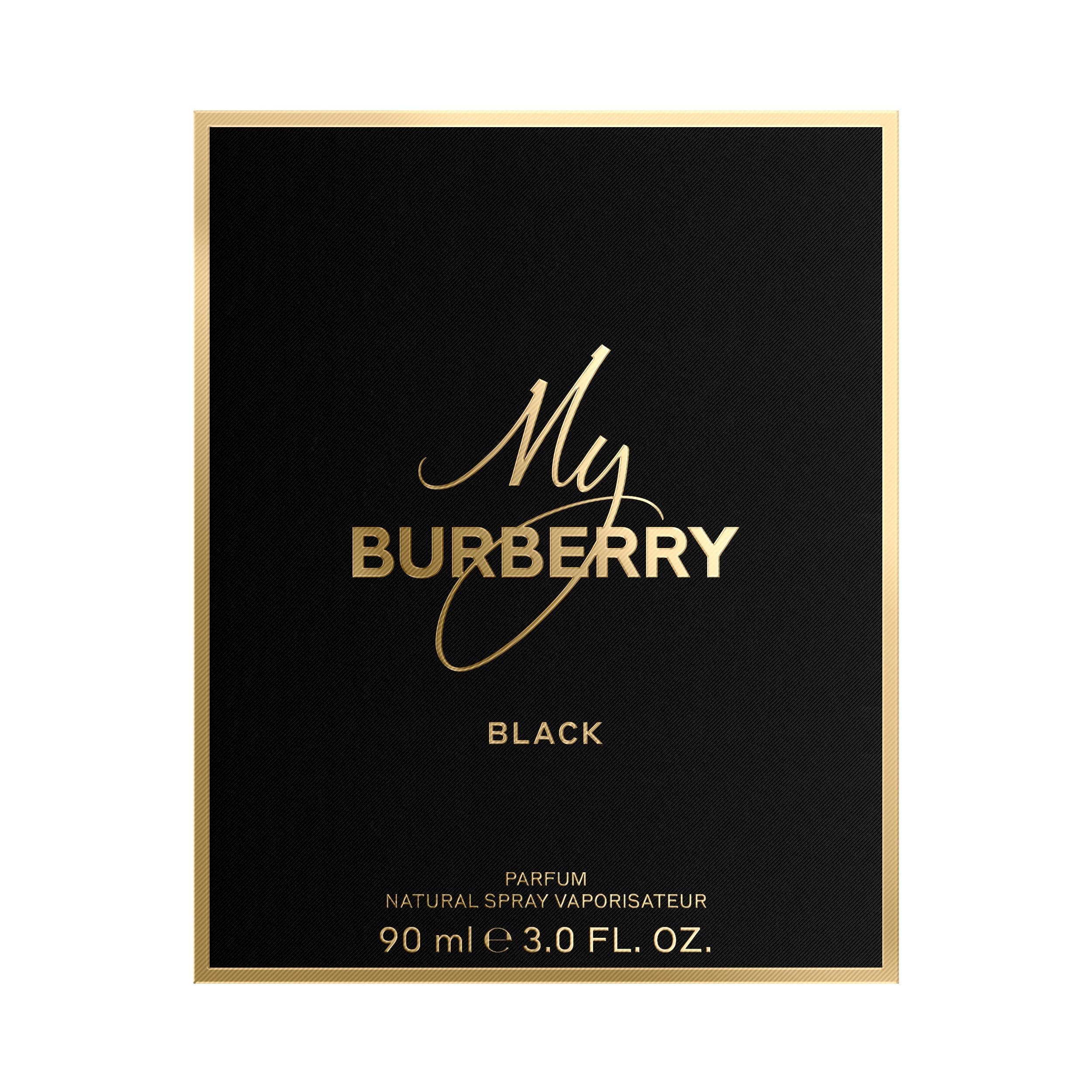 Scatola nera con scritta dorata My Burberry Black. Scritta: Parfum, 90 ml.