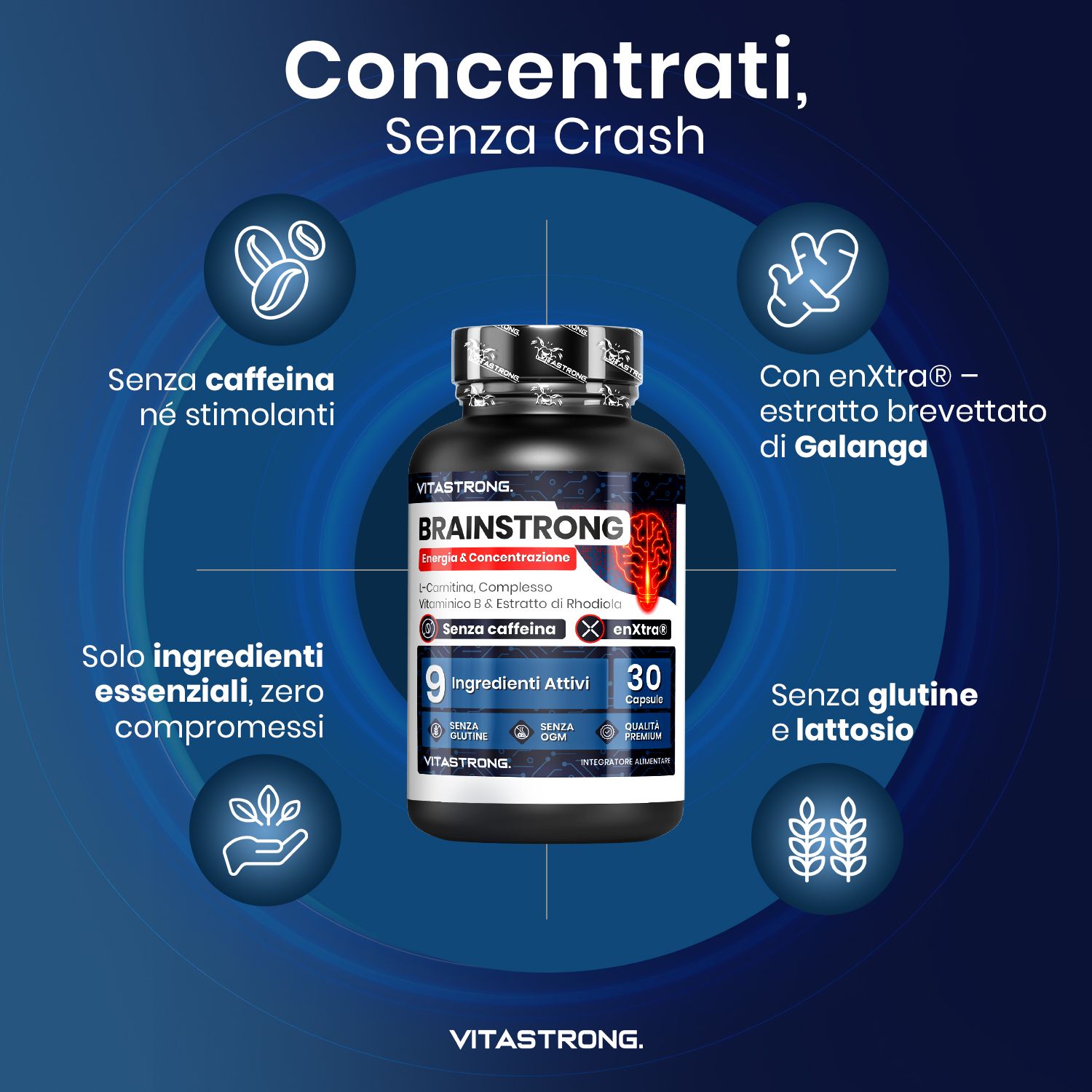 Pubblicità Vitastrong. Testa con cervello luminoso. Testo: Energia, Focus. Rodiola e vitamine B. Per sistema nervoso e funzione psichica.