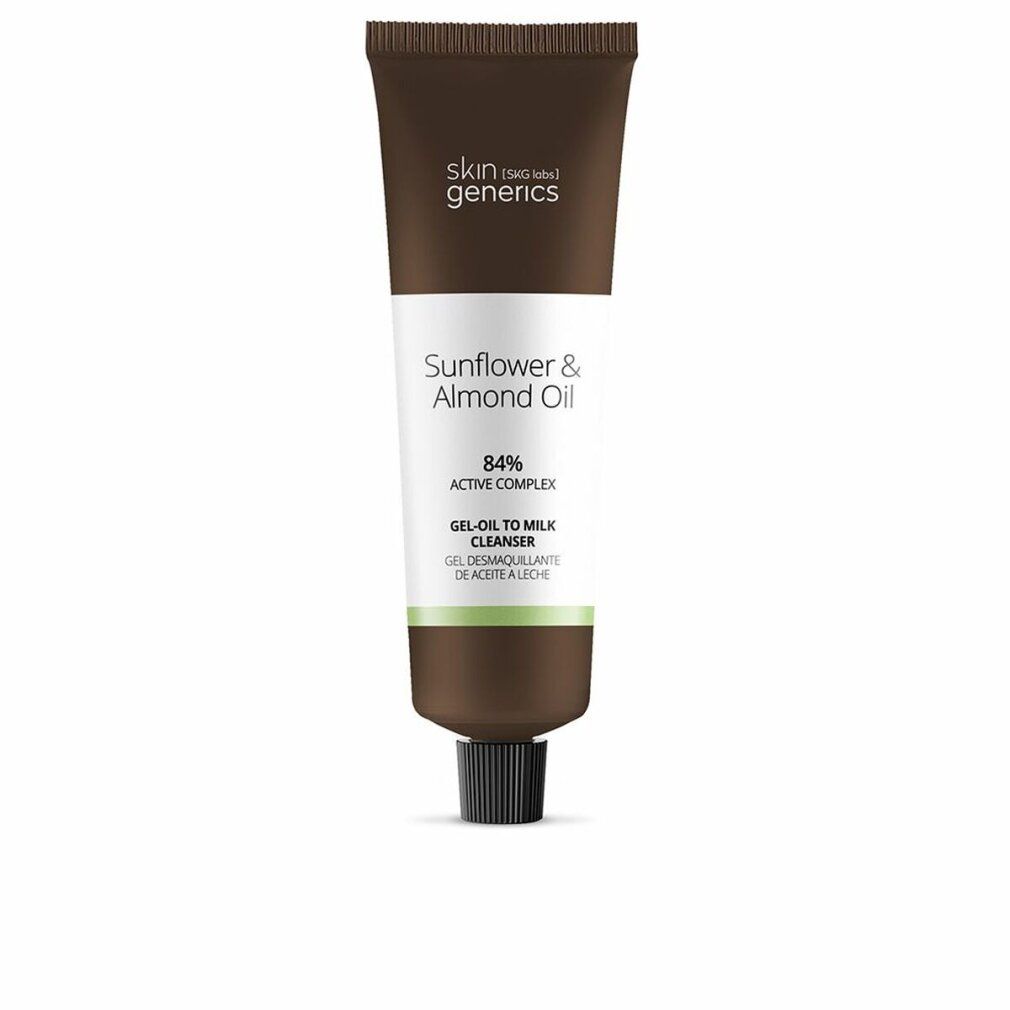 Tubo marrone con tappo nero. Scritta: Sunflower & Almond Oil, 84% Active Complex, Gel-Oil to Milk Cleanser. Marchio: skin generics.