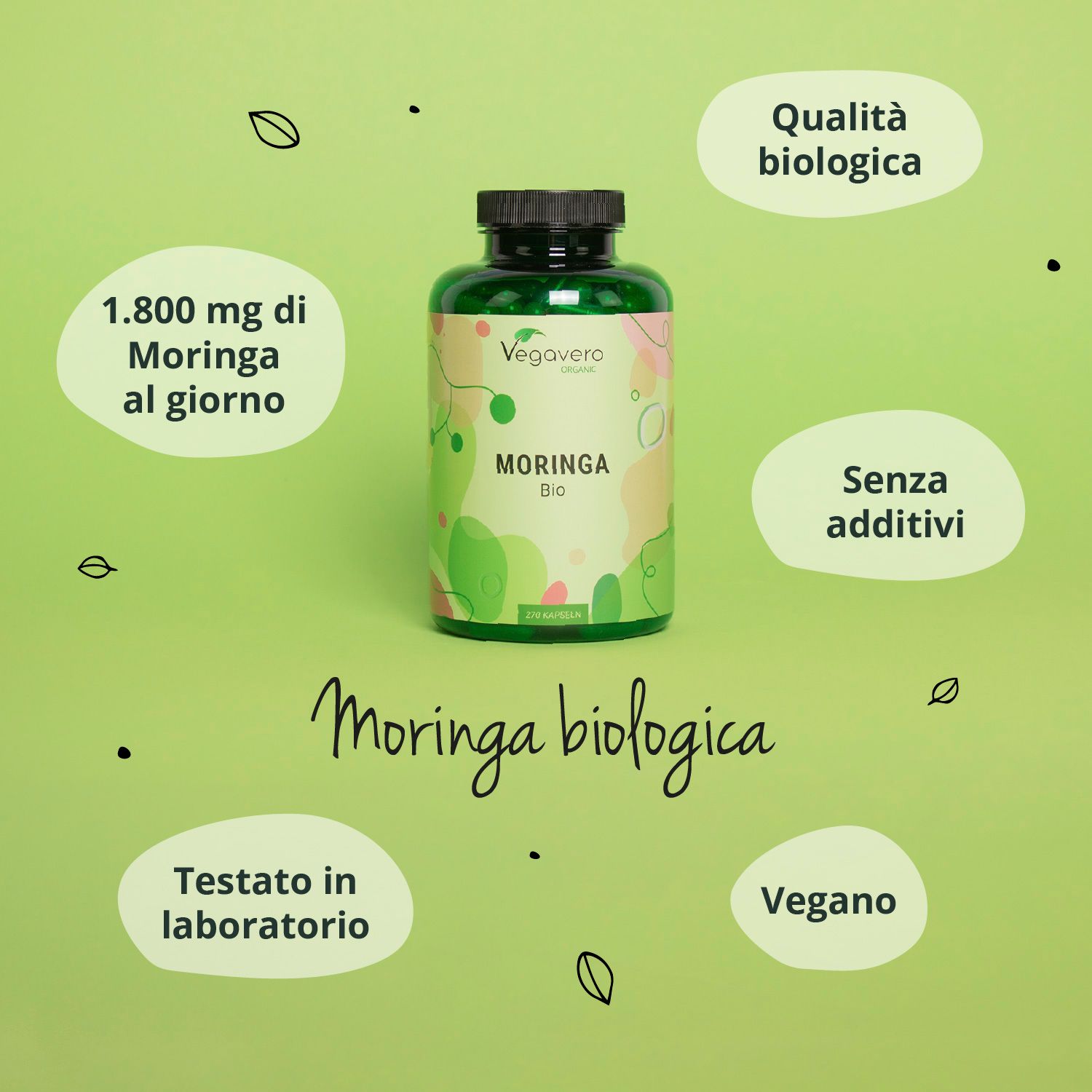 Bottiglia verde di capsule Moringa BIO. Testo: Moringa biologica, Testato in laboratorio, Vegano.