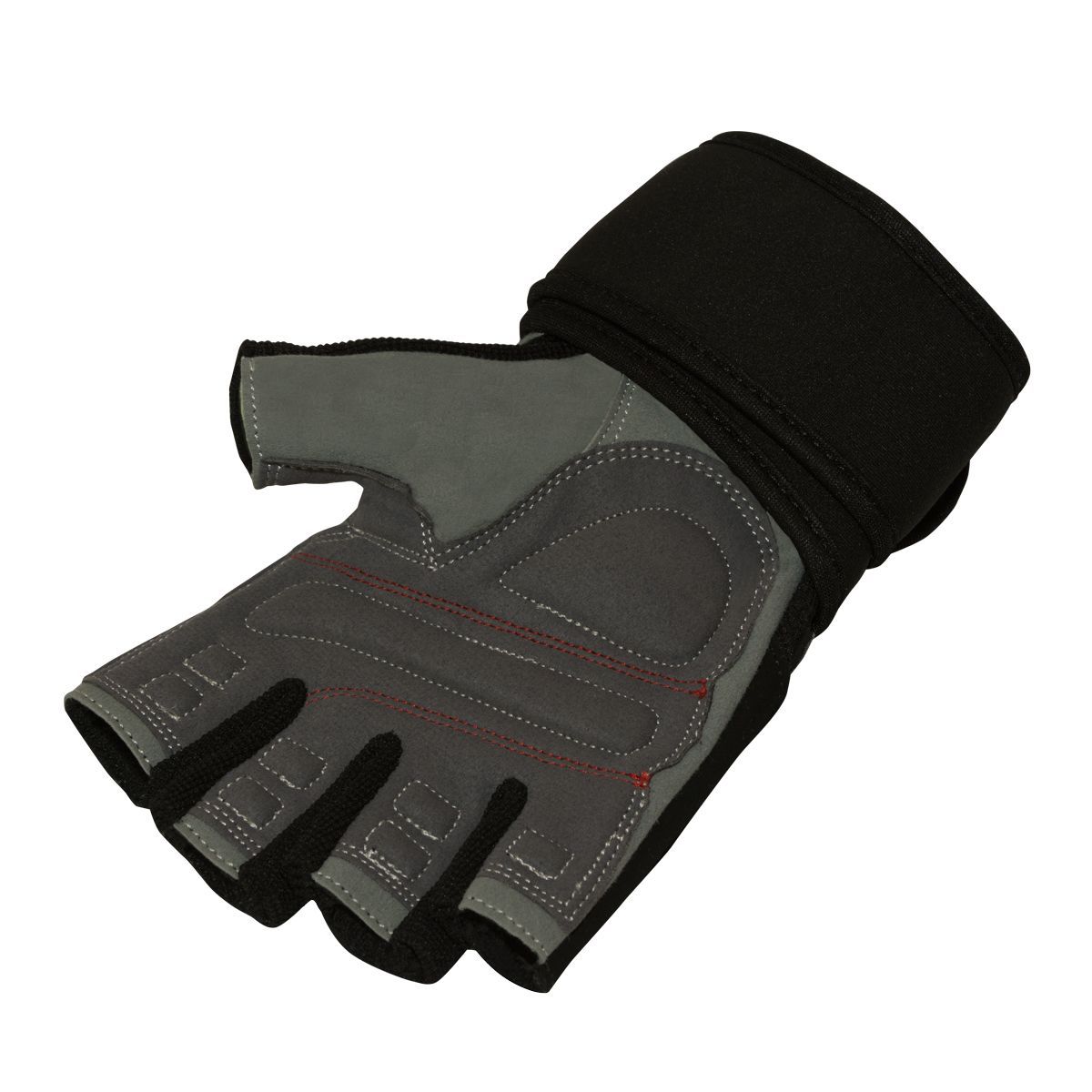 Un guanto da fitness in pelle grigia da uomo con chiusura in velcro, visto di lato.