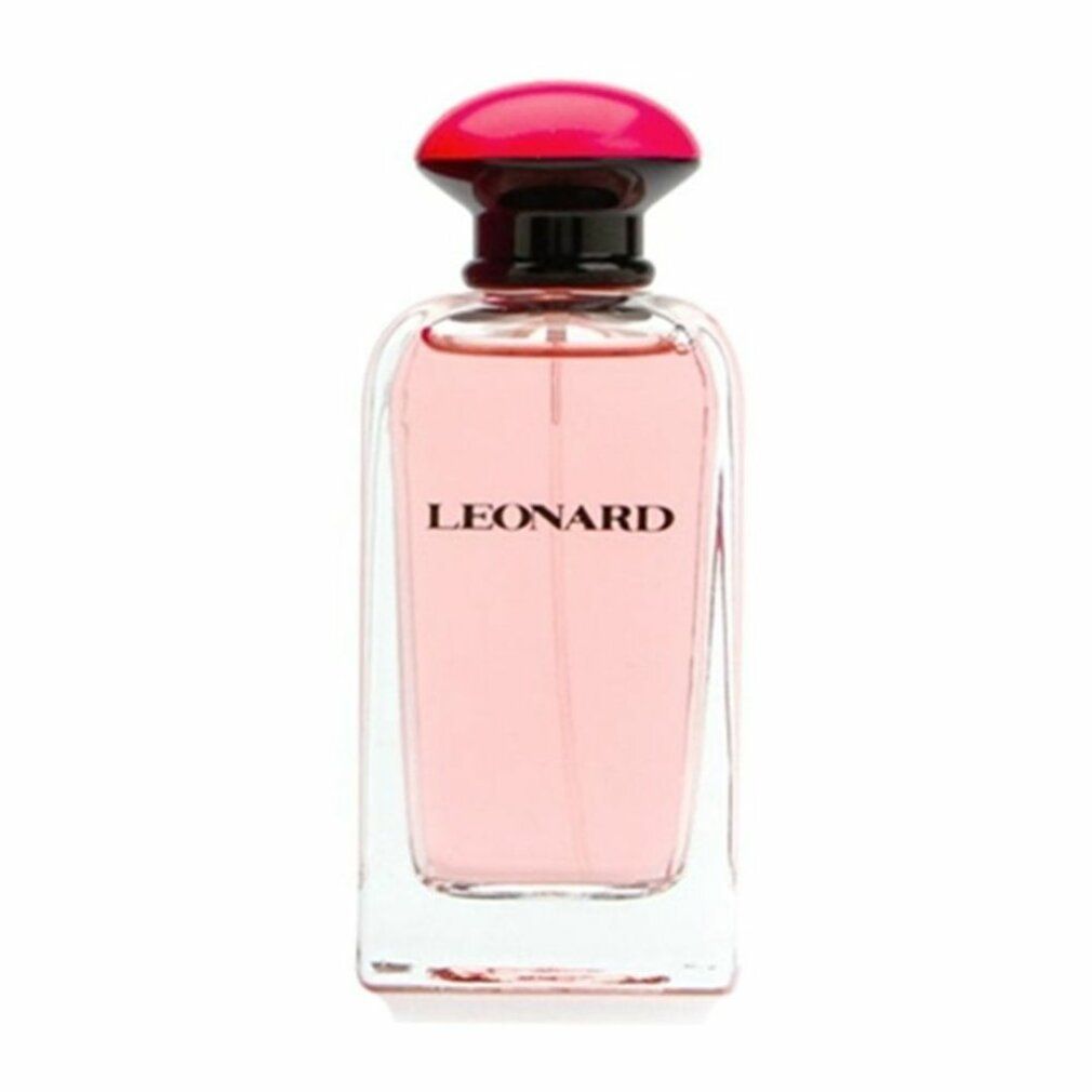 Flacone in vetro con liquido rosa, tappo nero e rosa. Scritta "LEONARD". Vista frontale.
