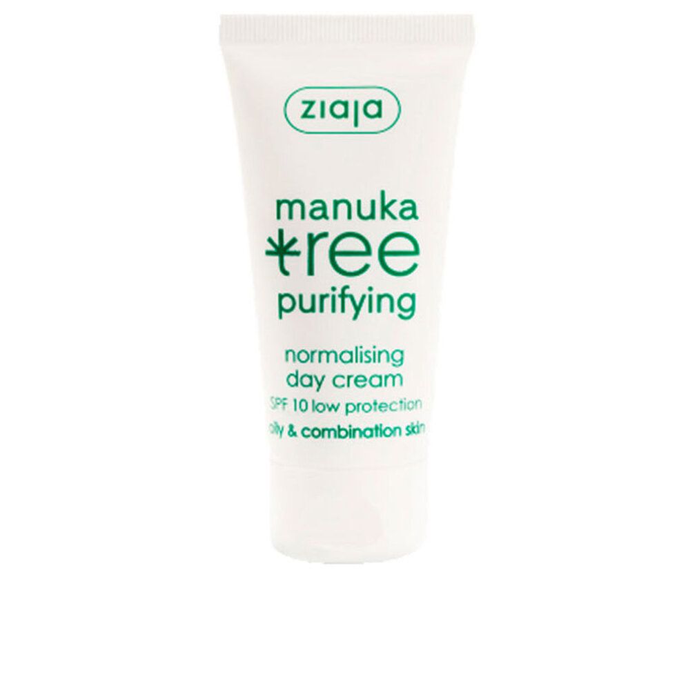 Tubo bianco con stampa verde. Testo: Ziaja, Manuka Tree, purifying, normalising day cream, SPF 10. Per pelli grasse e miste.
