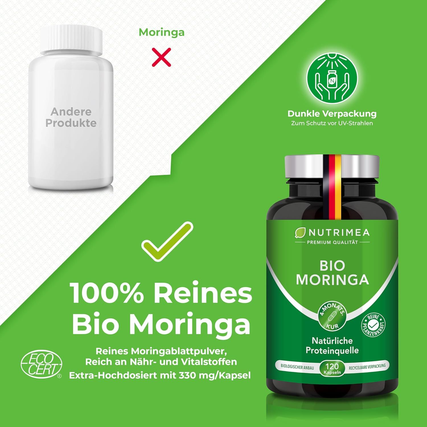 Confronto: capsule Nutrimea Bio Moringa vs. altri prodotti. Scritta: 100% puro Bio Moringa.