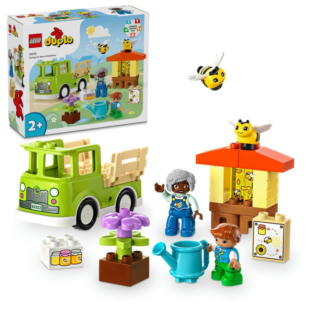 Set LEGO DUPLO con camion, personaggi, alveare, fiori, annaffiatoio e api. Età: 2+. Pezzi separati.