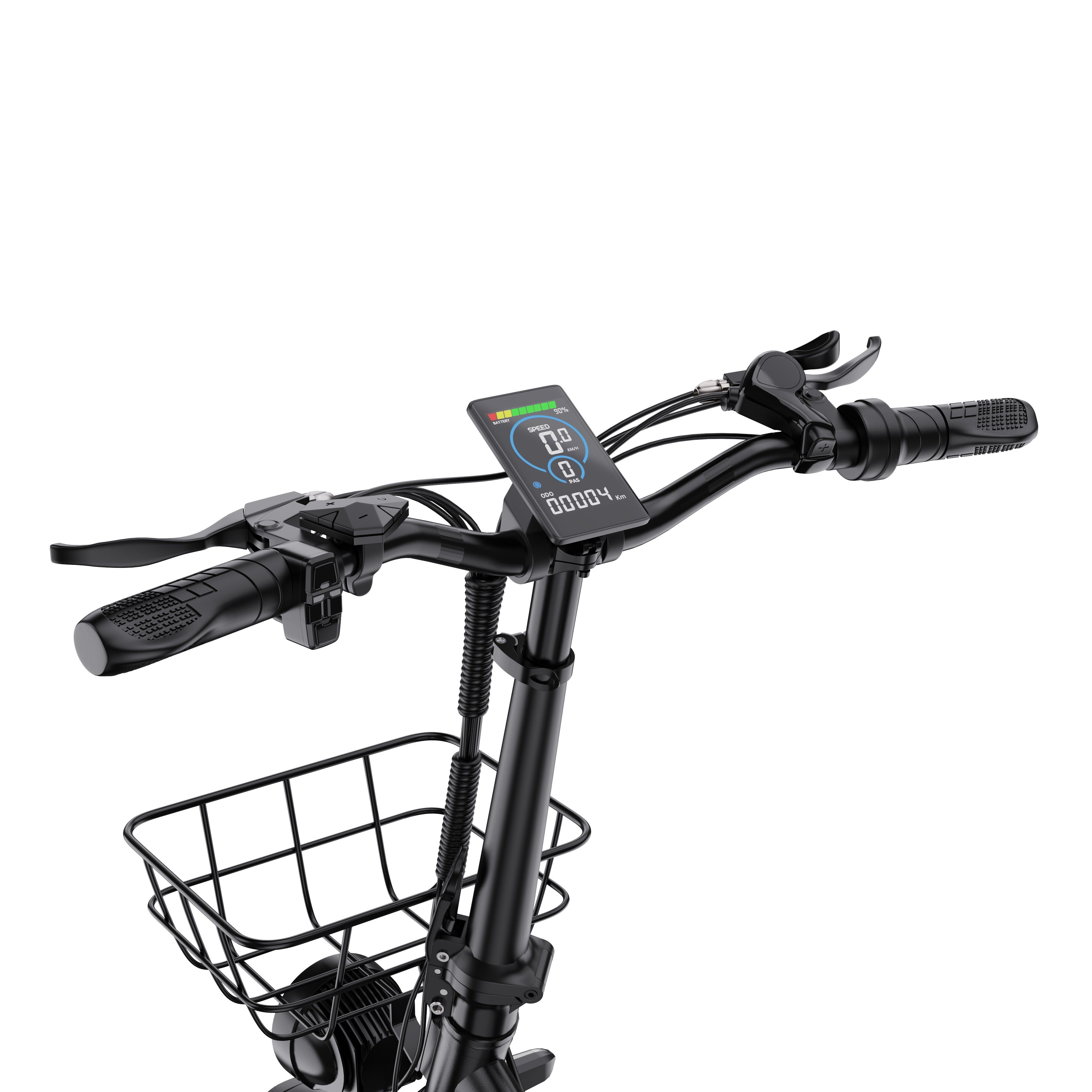 Manubrio di e-bike nera con display, cestino e comandi. Scritta DRVETION.