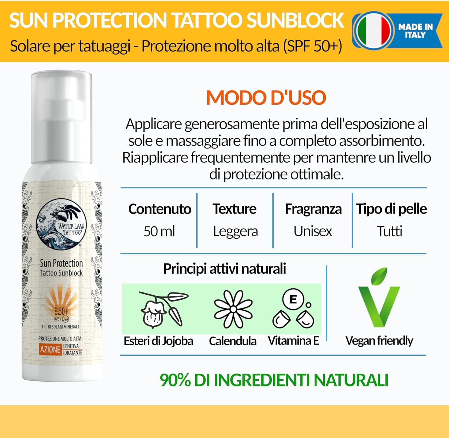 Flacone di crema solare con testo: Modo d'uso, ingredienti, 50 ml, vegano. 90% ingredienti naturali. Prodotto in Italia.