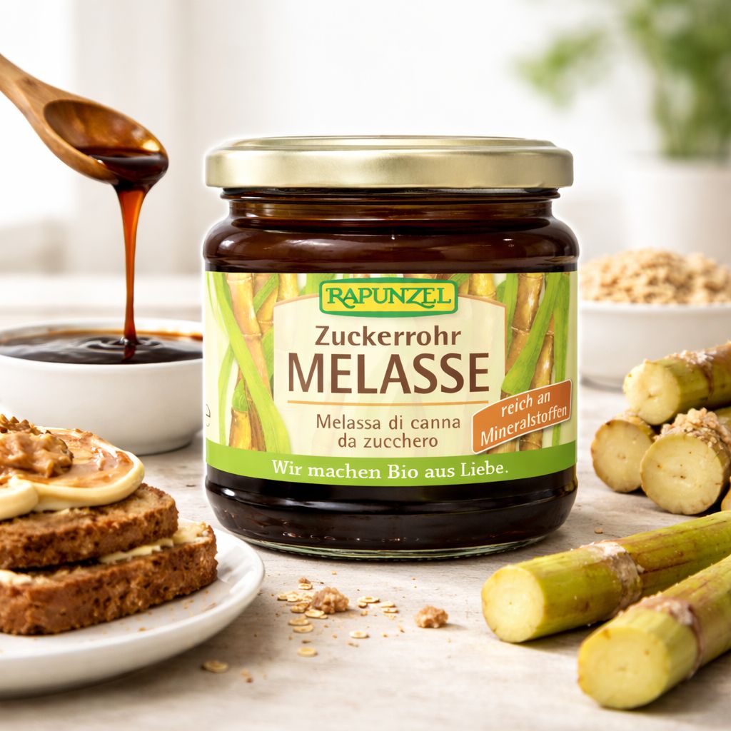 Melassa di canna da zucchero Rapunzel in barattolo, con toast e pezzi di canna da zucchero.