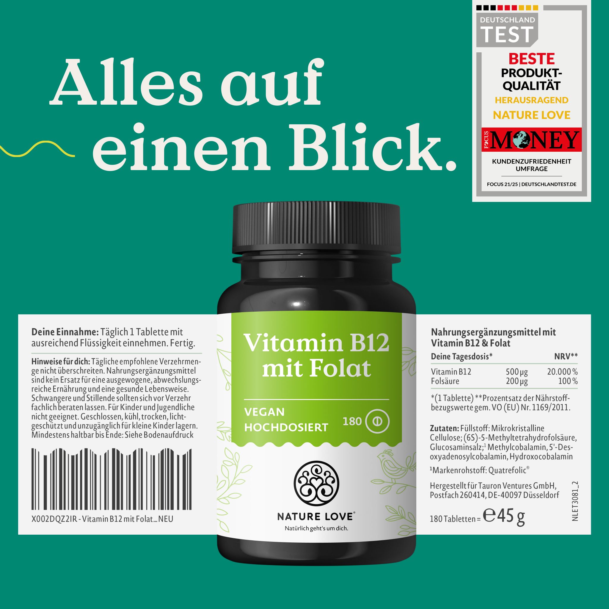 Contenitore NATURE LOVE Vitamina B12 con Folato con etichetta, testo: Tutto a colpo d'occhio. Sigillo Deutschland Test.