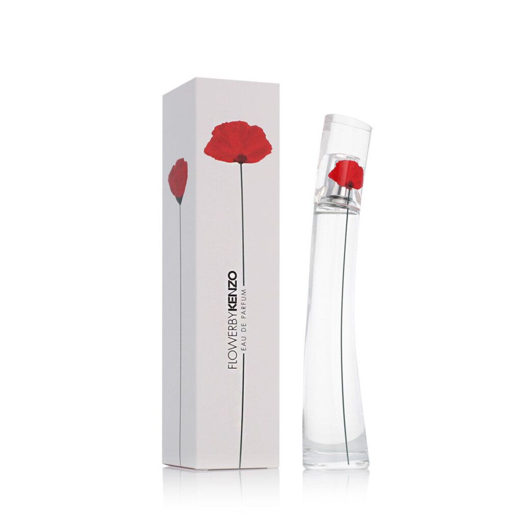 Flacone di profumo e confezione. Scritta: Flower by Kenzo Eau de Parfum. Papavero rosso su sfondo bianco.