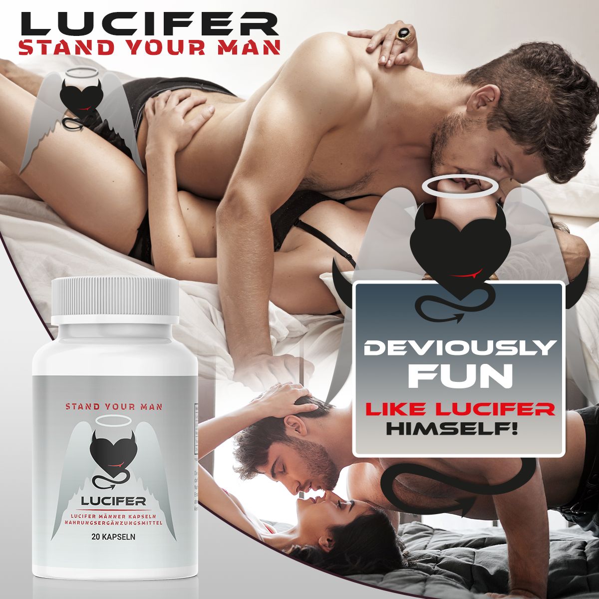 Flacone bianco di capsule. Scritta: LUCIFER, 20 capsule. Sfondo: Coppie in pose intime.