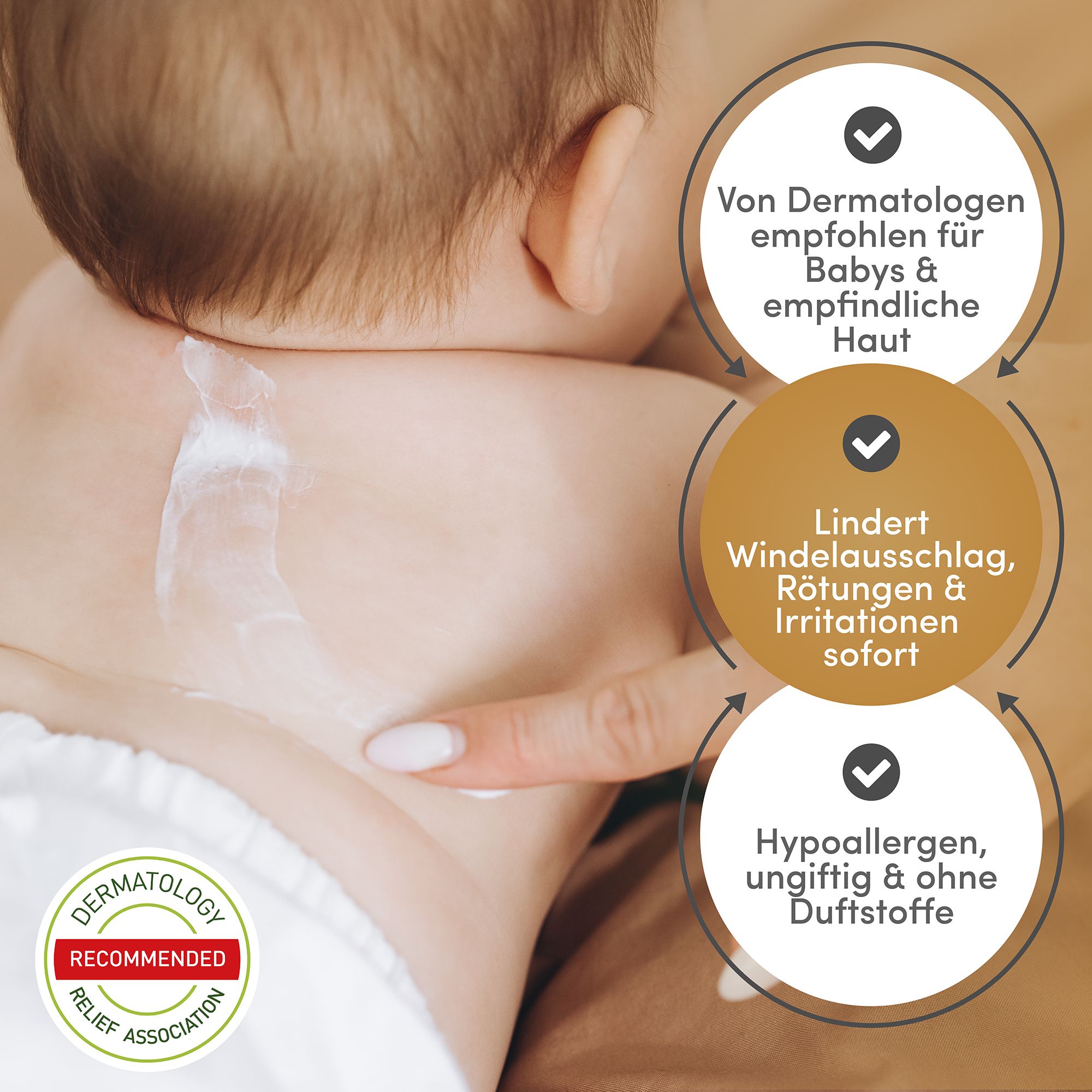 Bambino con crema sul collo. Testo: Raccomandato dai dermatologi, Allevia l'eritema da pannolino, Ipoallergenico, senza profumo.