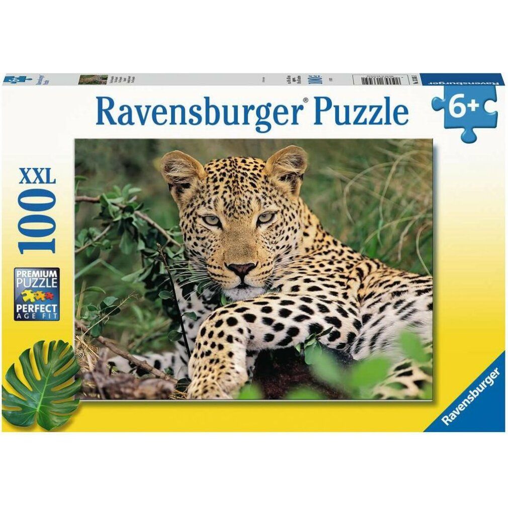 Puzzle Ravensburger, Leopardo. Confezione con immagine del puzzle, testo e logo.