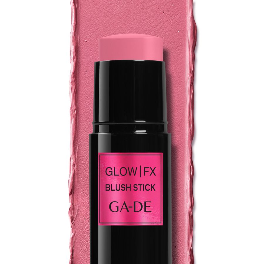Uno stick fard rosa con corpo nero, etichettato "GA-DE Glow FX Blush Stick".