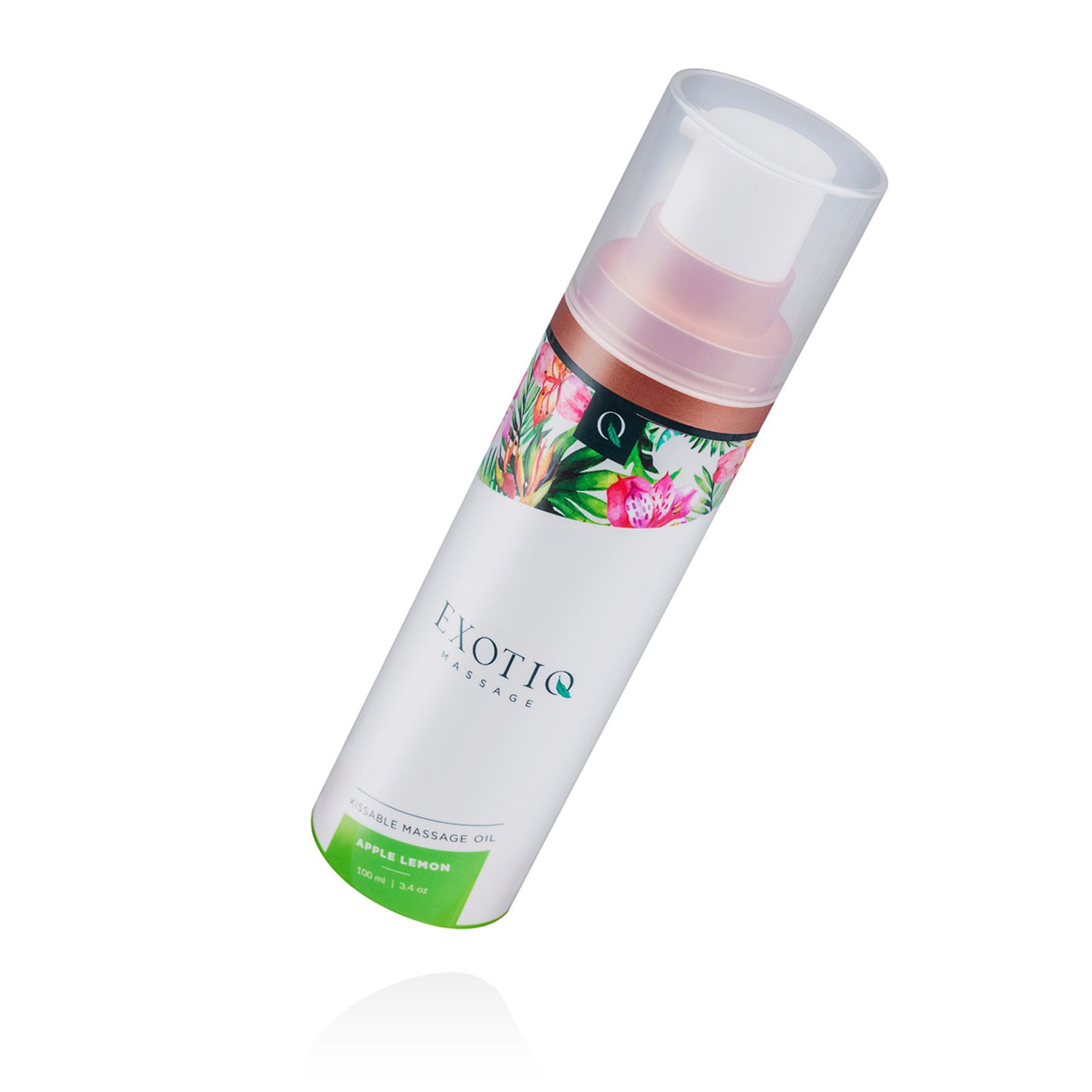 Flacone di olio per massaggio con design floreale e tappo trasparente. Scritta: EXOTIQ, Aroma Apple Lemon.