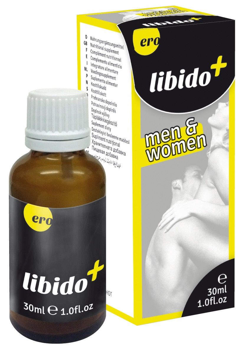 Flacone e confezione Ero Libido+ Drops, 30ml, per uomini e donne.
