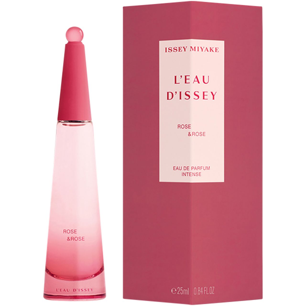 Flacone rosa accanto a confezione rosa. Scritta "Issey Miyake L'Eau d'Issey Rose&Rose".