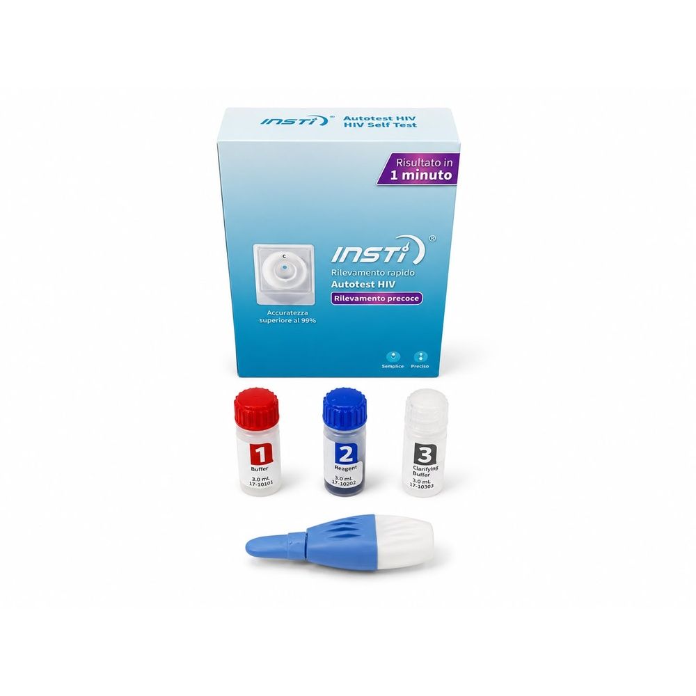 Kit INSTI Autotest HIV: confezione, 3 fiale, lancetta e tamponi per test HIV.