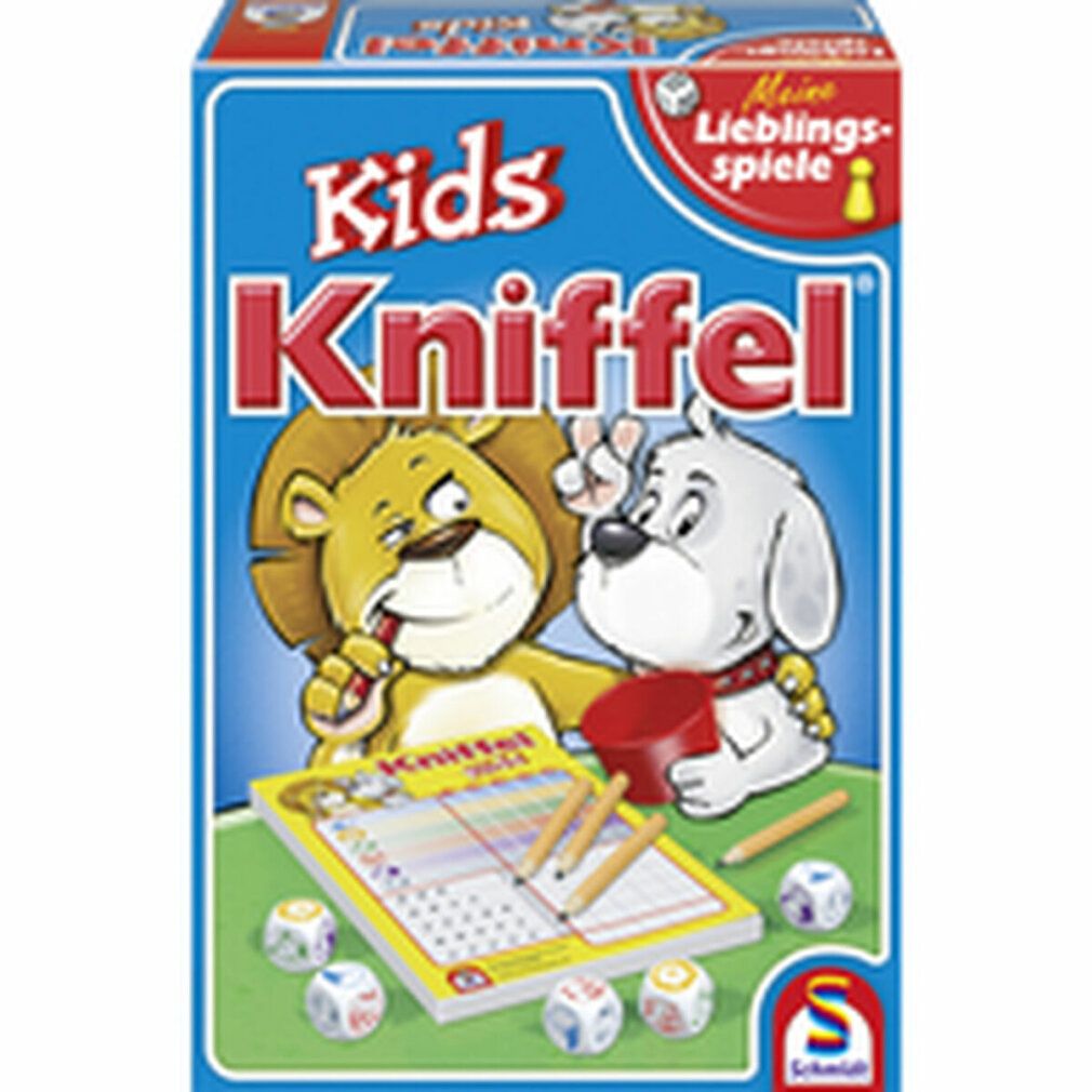 Scatola del gioco Kniffel Kids. Contiene dadi, matite e blocco note. Raffigurati un leone e un cane.