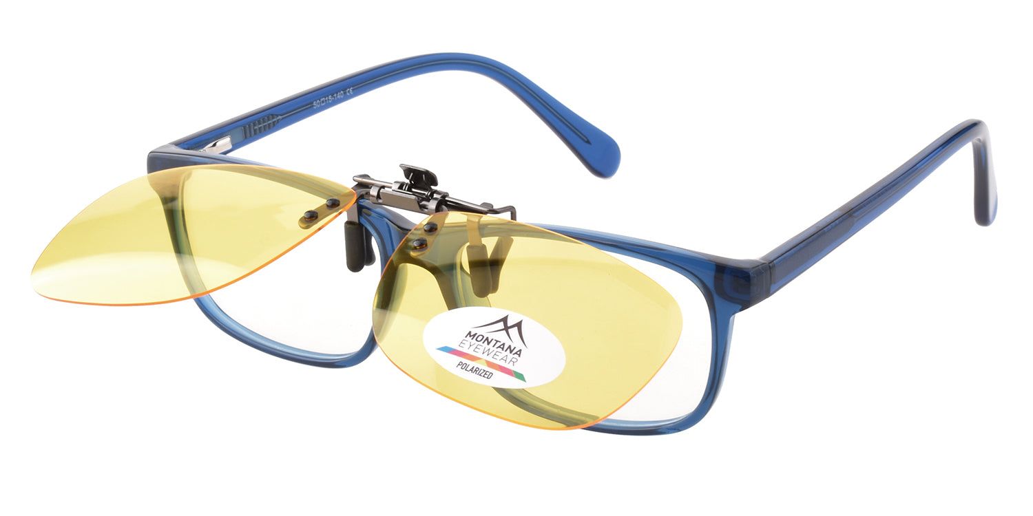 Occhiali da sole clip-on Montana Eyewear Mauritius con montatura blu. Lenti gialle, clip metallico, logo Polarized.