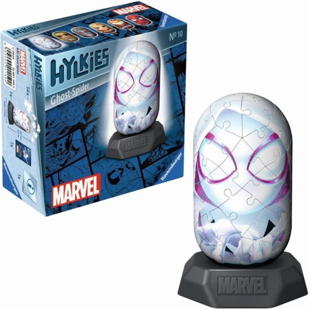 Puzzle 3D Ghost Spider su base accanto alla confezione. Logo Marvel, Hylkies, scritta Ghost-Spider.