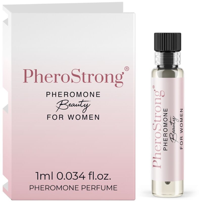 PheroStrong Profumo ai feromoni per donne, 1ml. Include una piccola bottiglia di profumo in vetro e una confezione esterna.