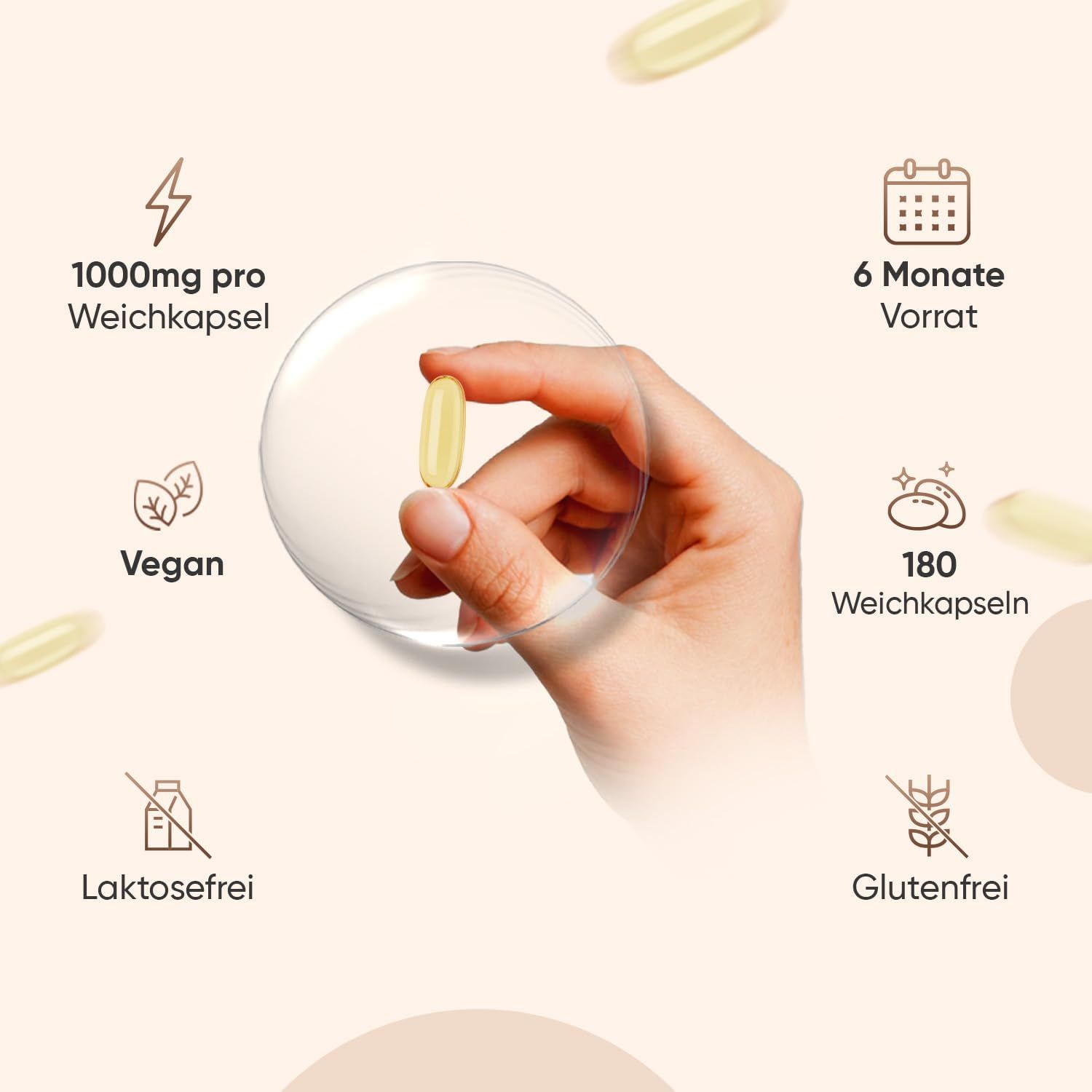 Mano che tiene una capsula. Simboli: 1000mg per capsula, 6 mesi di scorta, vegano, senza lattosio, senza glutine.