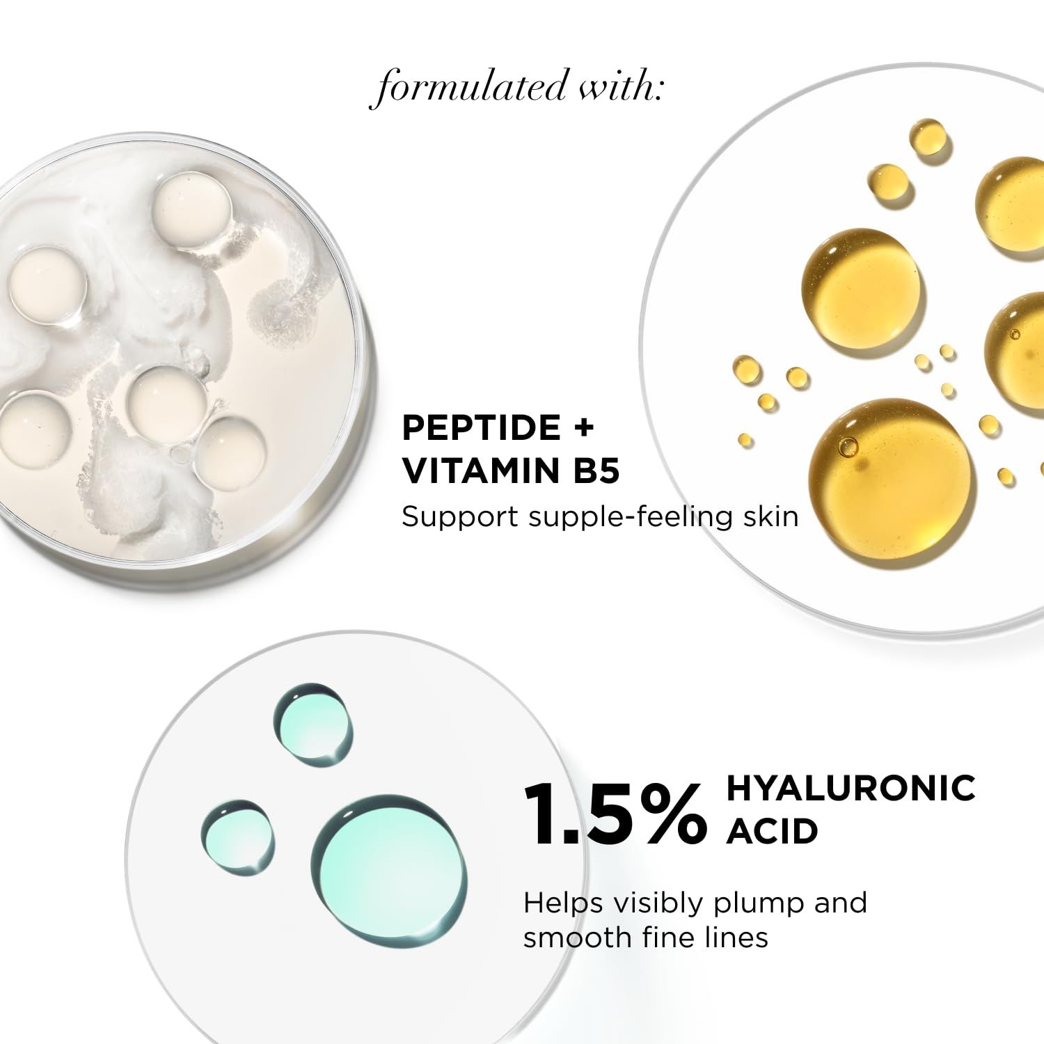 Primo piano degli ingredienti: Peptidi + Vitamina B5, 1,5% acido ialuronico. Testo: Aiuta a rimpolpare e levigare visibilmente le rughe.