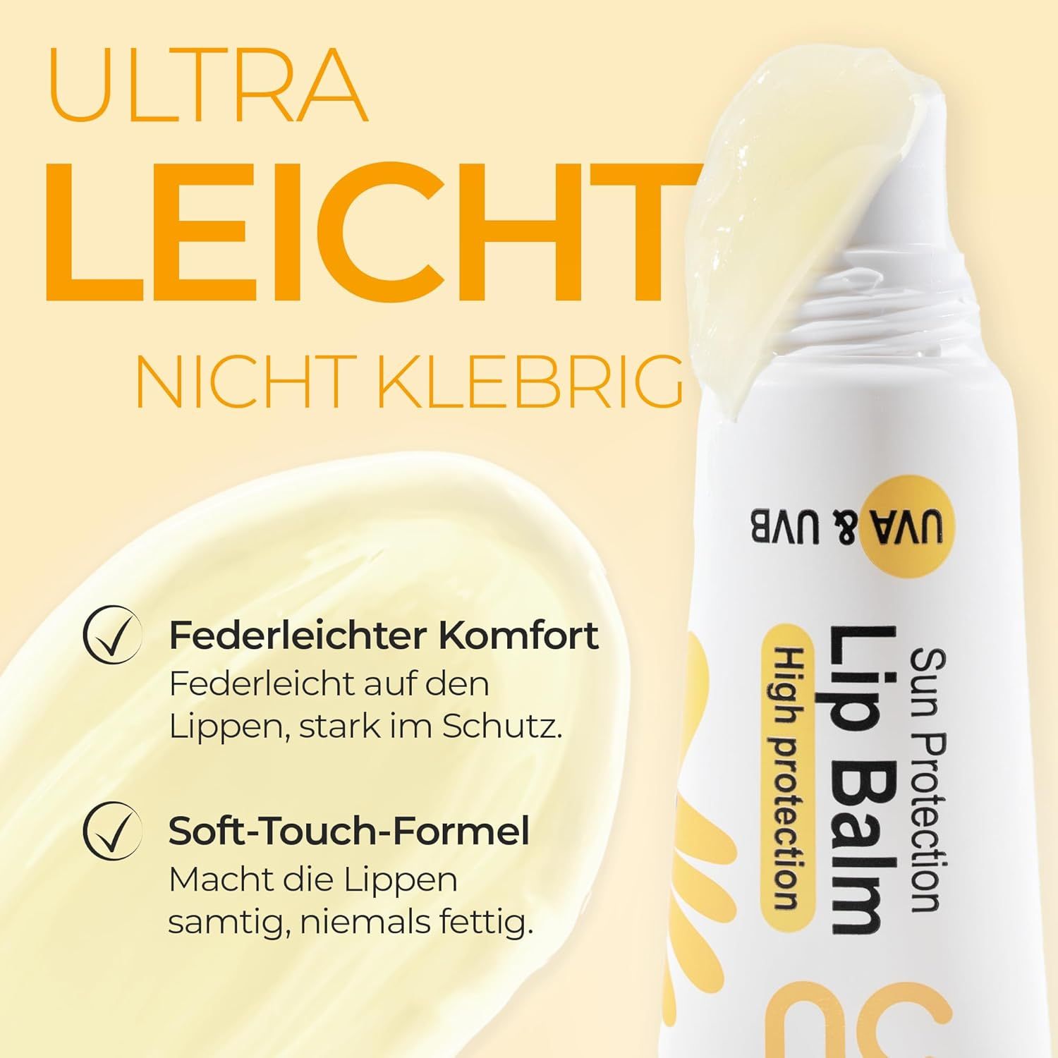 Balsamo labbra Victoria Beauty, SPF 50. Tubo con prodotto. Testo: Ultra leggero, non appiccicoso. Comfort leggero, formula soft-touch.