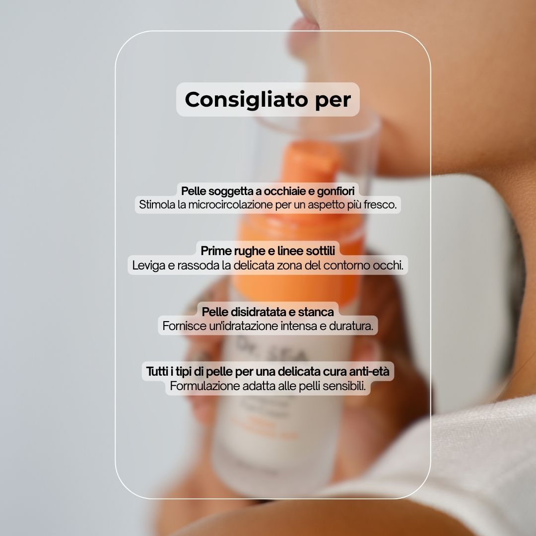 Flacone di prodotto con testo e illustrazioni. Testo: Dr. SEA, Moisturising Corrective Eye Cream, Retinolo e Acido Ialuronico. Consigliato per...