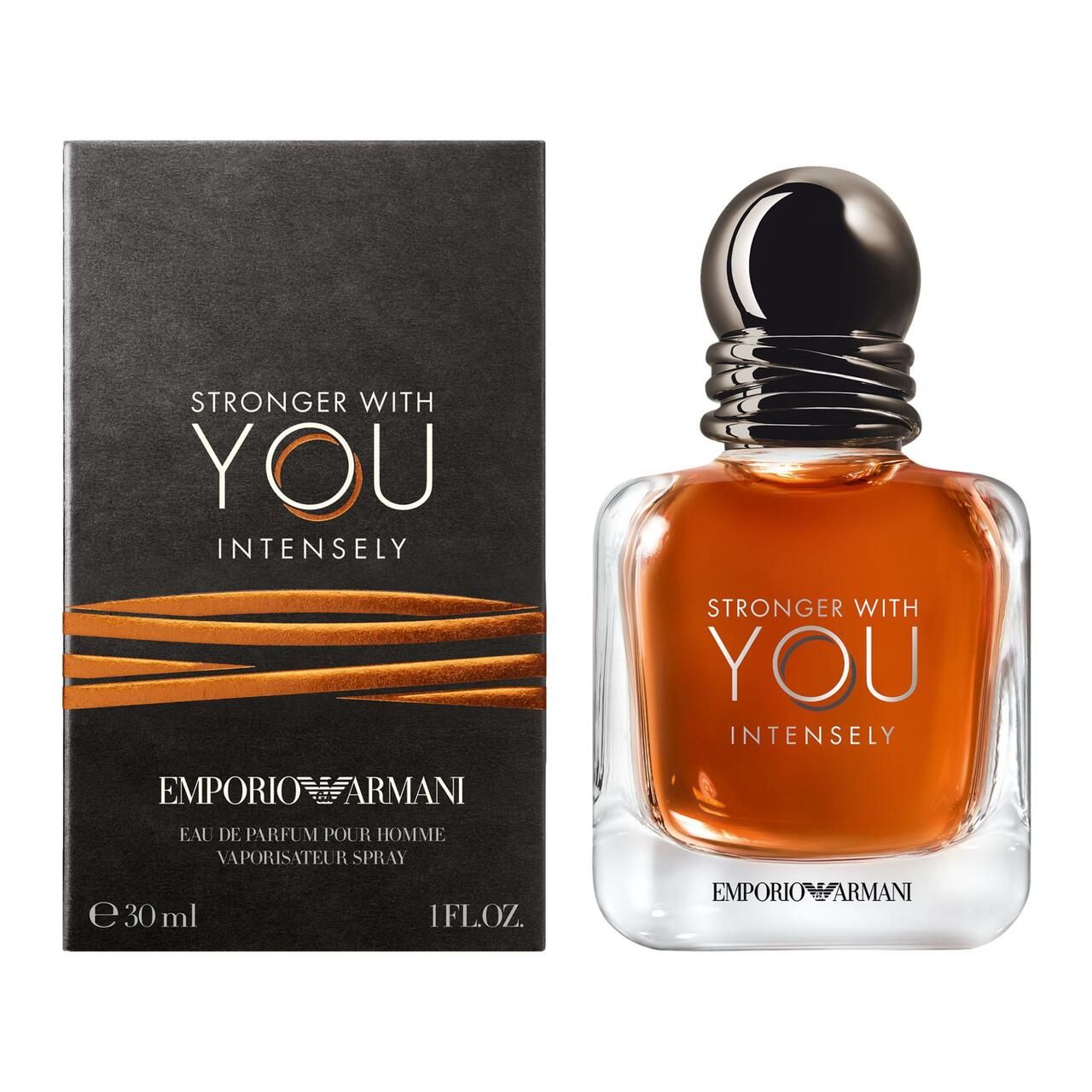 Emporio Armani Stronger With You Intensely. Flacone e confezione. Scatola nera con scritta. Flacone da 30ml.