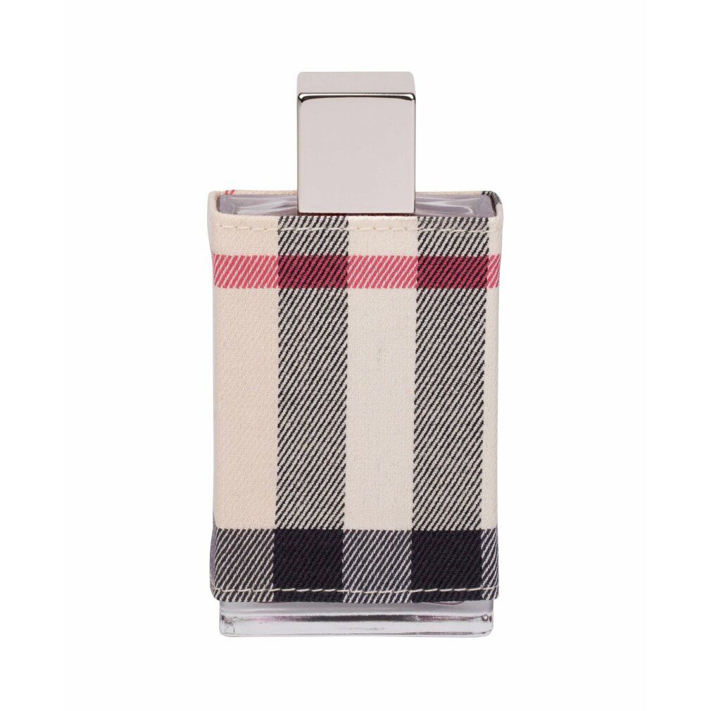 Burberry London Eau de Parfum Spray. Flacone rettangolare con rivestimento in tessuto a quadri. Tappo argentato.