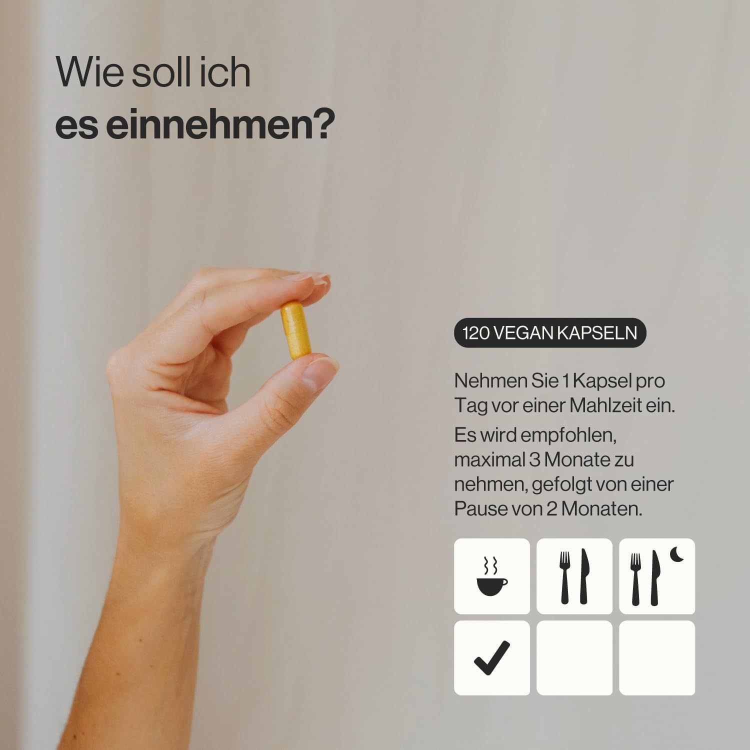 Mano che tiene una capsula gialla. Testo: 120 capsule vegane. Raccomandazioni con simboli.