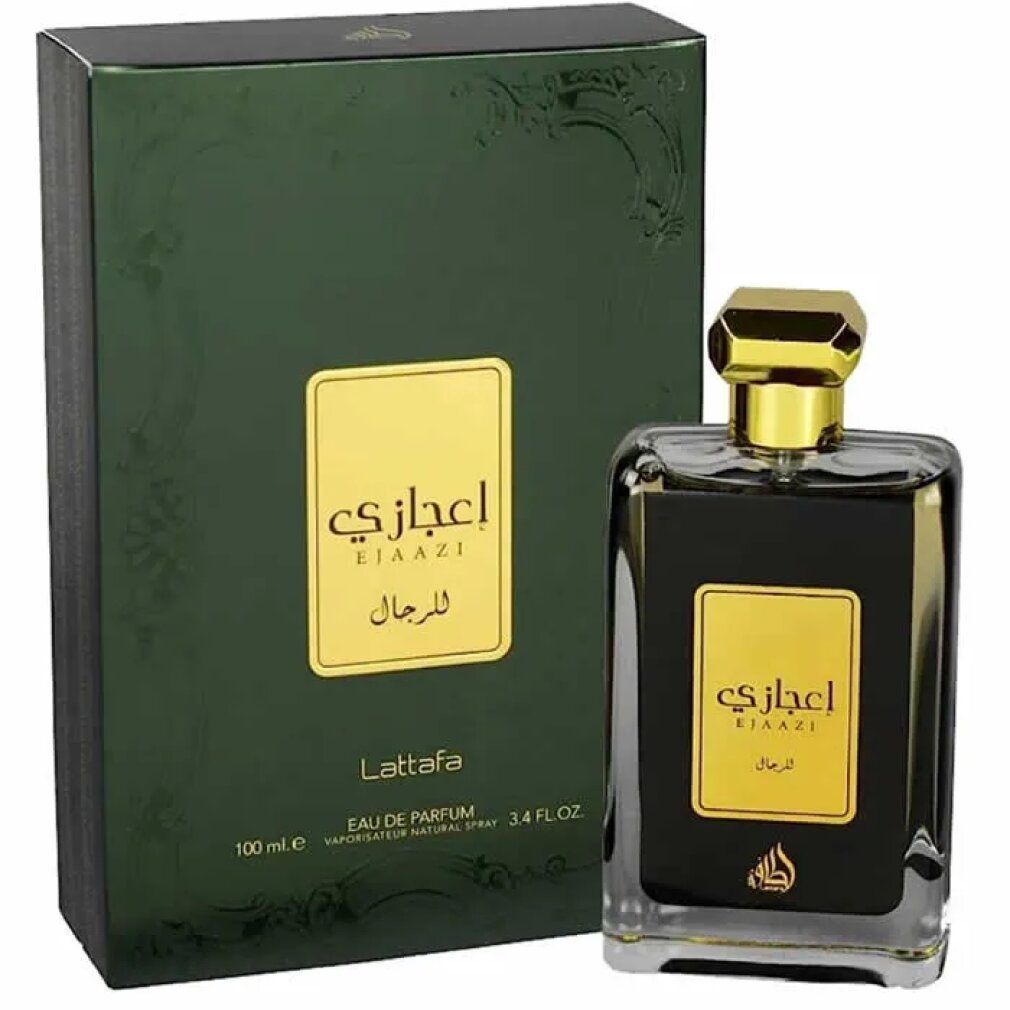 Flacone e confezione Ejaazi Eau de Parfum. Flacone rettangolare con tappo dorato. Confezione verde con etichetta dorata.