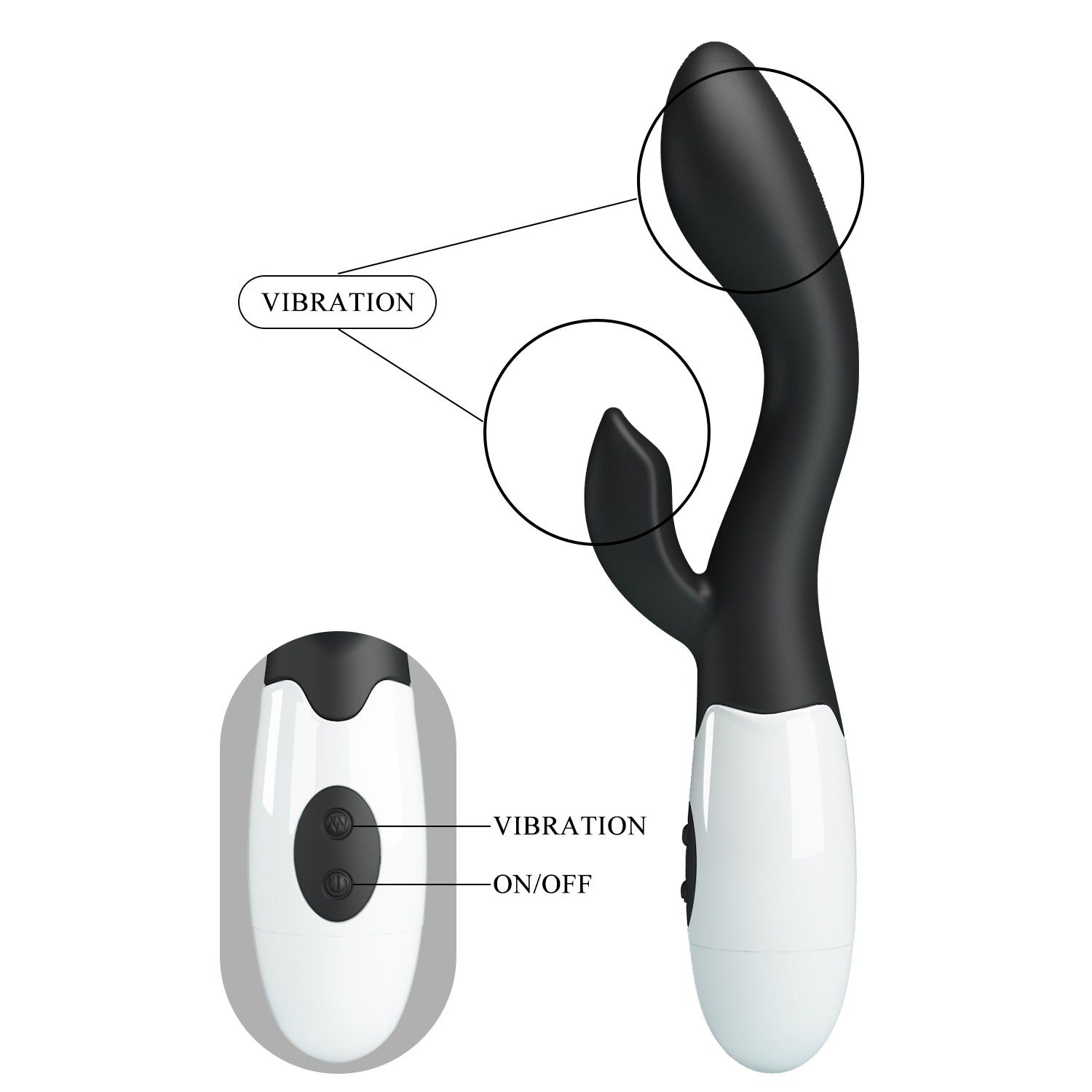 Vibratore nero e bianco con design a orecchie di coniglio. Scritte 'Vibration' e 'ON/OFF'.