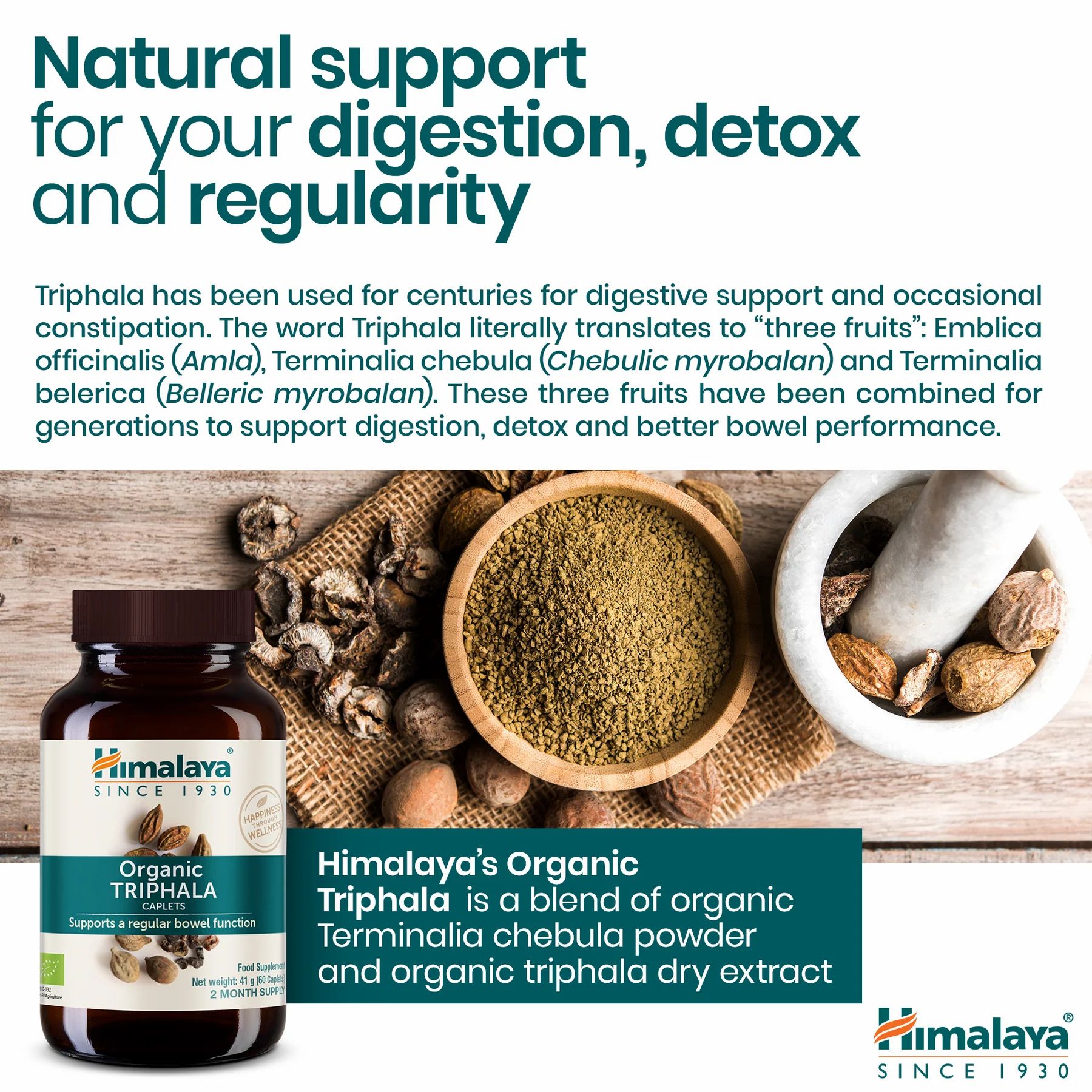 Himalaya Bio Triphala in bottiglia marrone, ciotola con polvere e frutta. Testo sulla digestione.