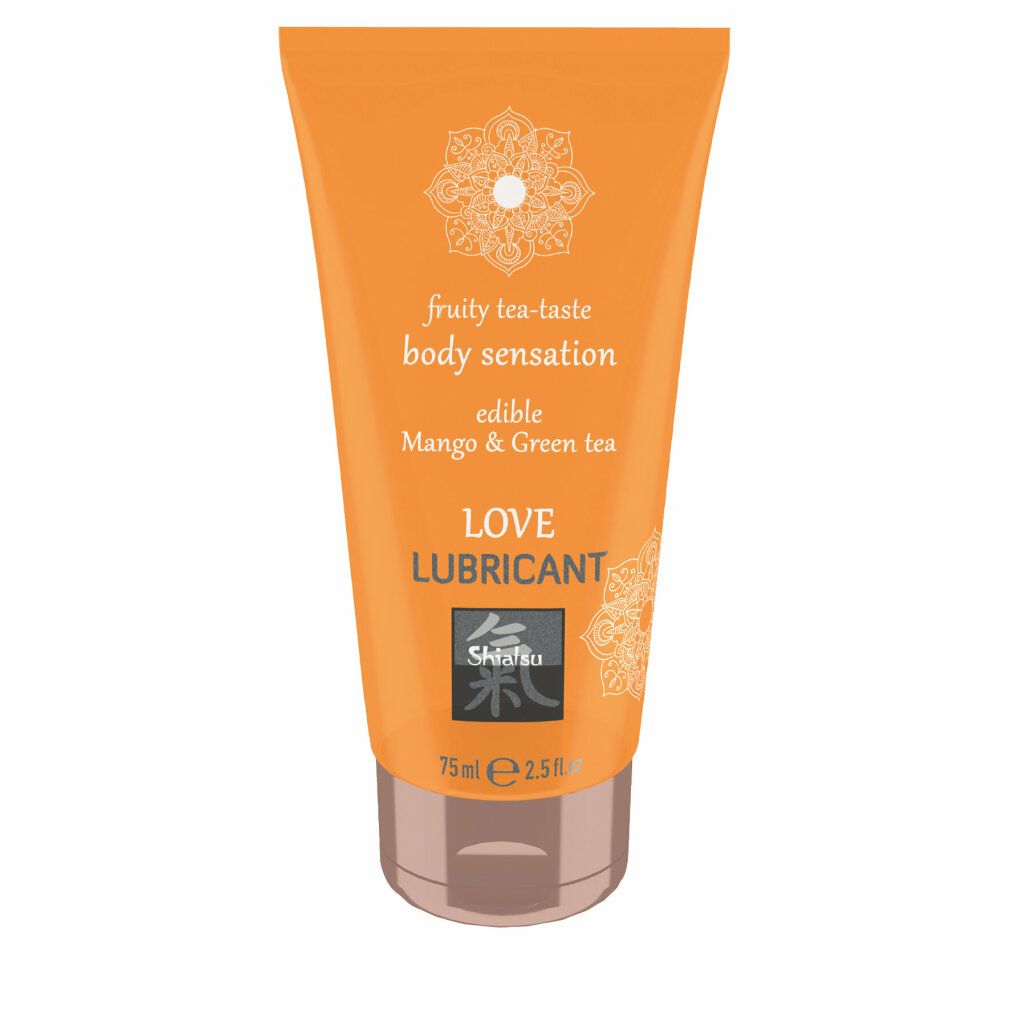 Tubo arancione con scritta 'Love Lubricant'. Gusto 'Mango & Green tea'. Logo 'Shiatsu'. Contenuto 75ml/2.5 fl oz.