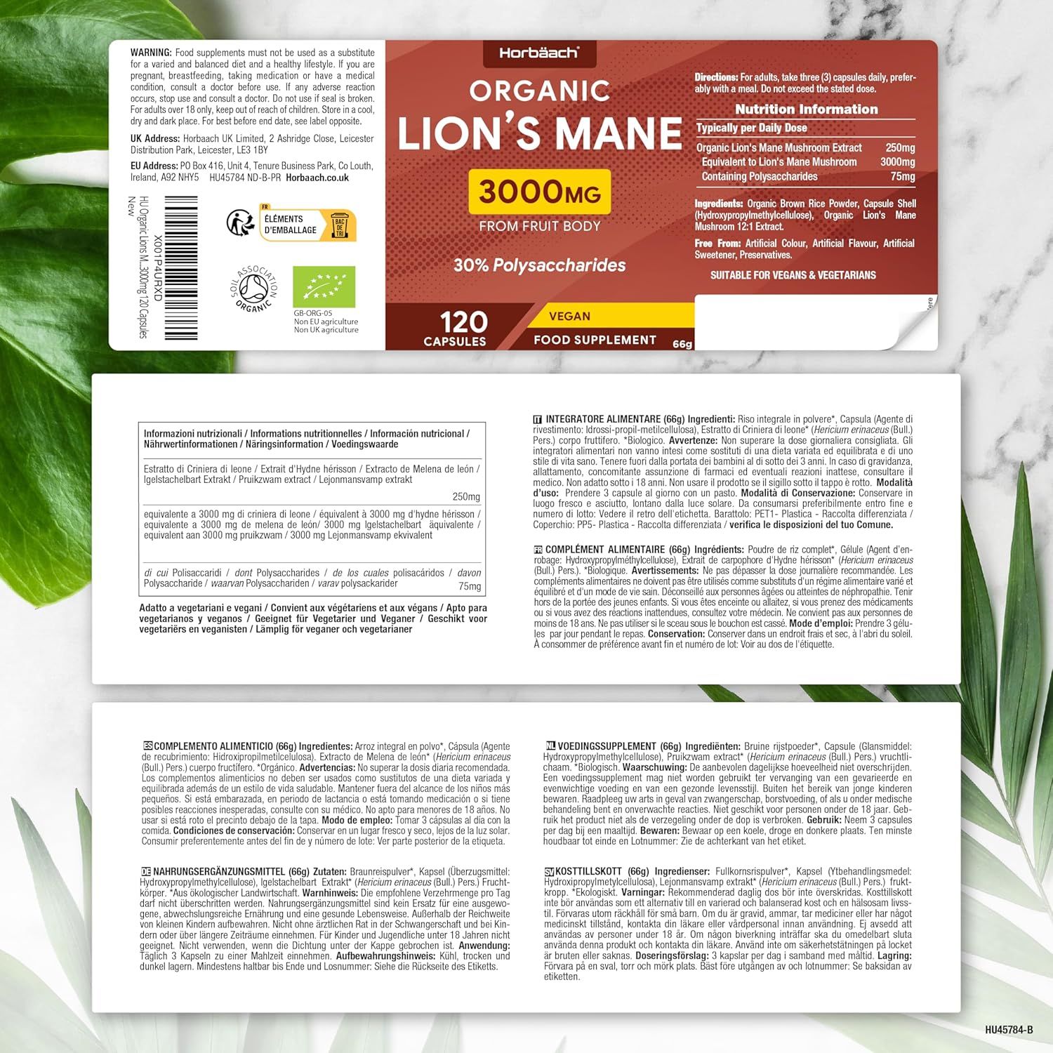 Confezione con informazioni su Horbaach Organic Lion's Mane 3000mg, 120 capsule. Contiene il 30% di polisaccaridi. Adatto a vegani e vegetariani.