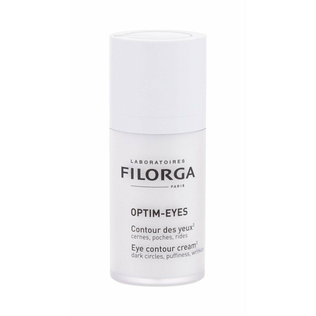 Flacone bianco Filorga Optim-Eyes. Testo: Optim-Eyes, Contour des yeux, Eye contour, occhiaie, borse, rughe. Tappo bianco.
