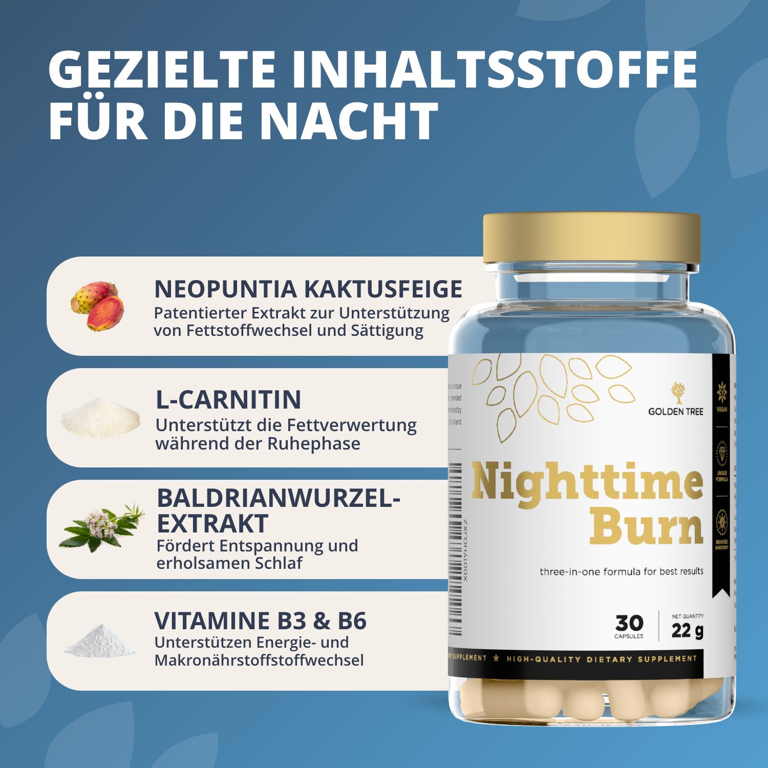 Flacone Golden Tree Nighttime Burn con elenco di ingredienti mirati per la notte.