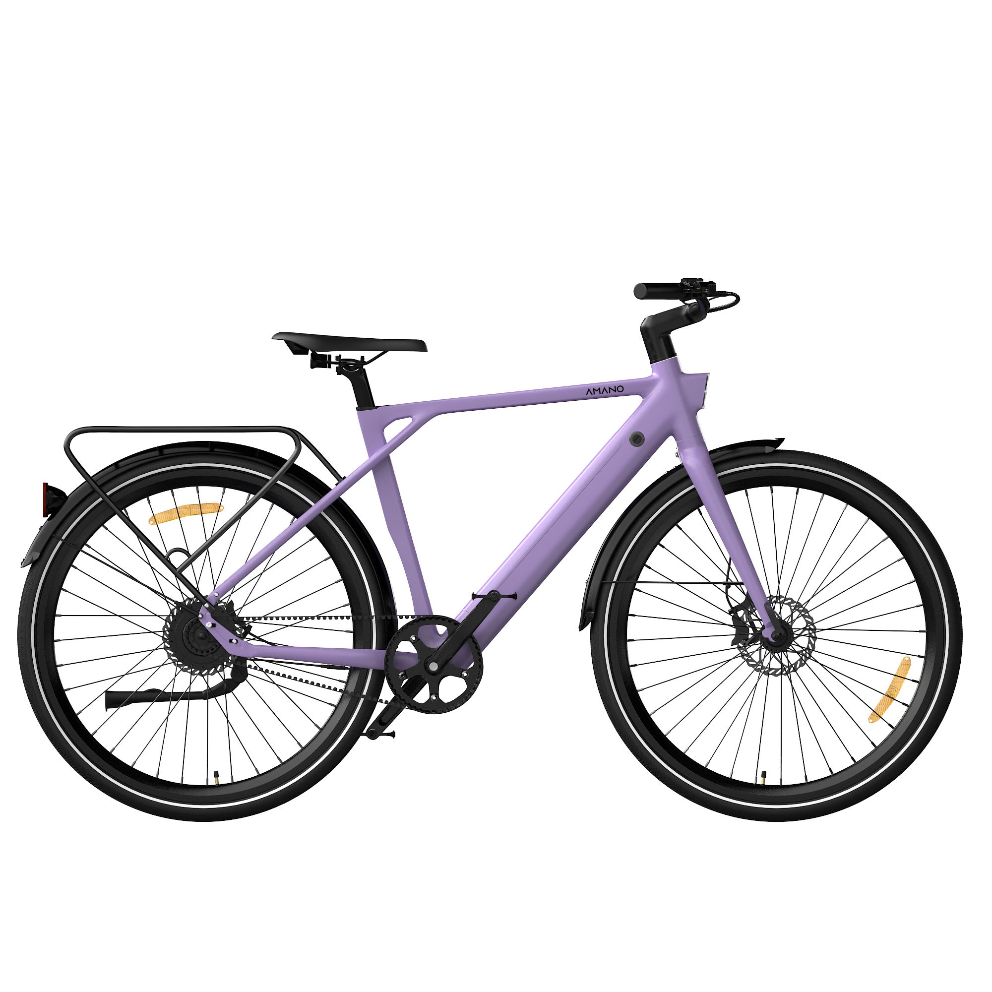 E-bike lilla con telaio e pneumatici neri. Portapacchi posteriore. Marchio AMANO.