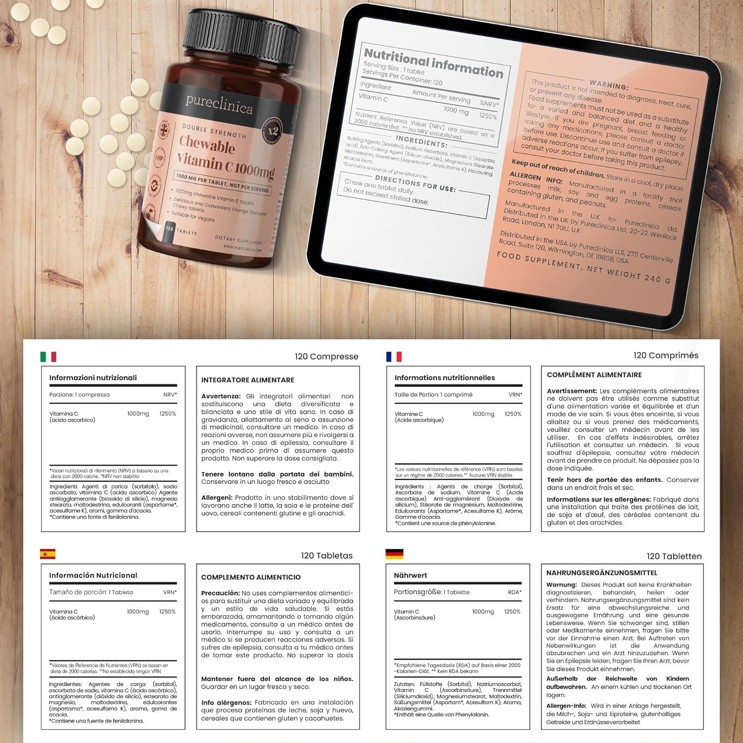 Flacone marrone di compresse di vitamina C Pureclinica, compressa accanto, schermo tablet con informazioni nutrizionali e testi multilingue.