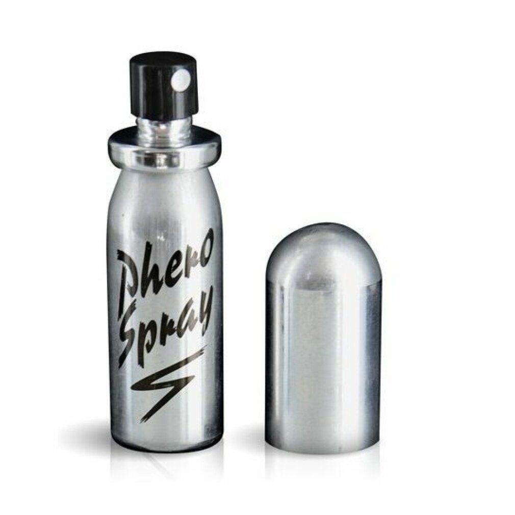 Flacone spray argentato con scritta nera Phero Spray. Testina spray nera e tappo rimosso.