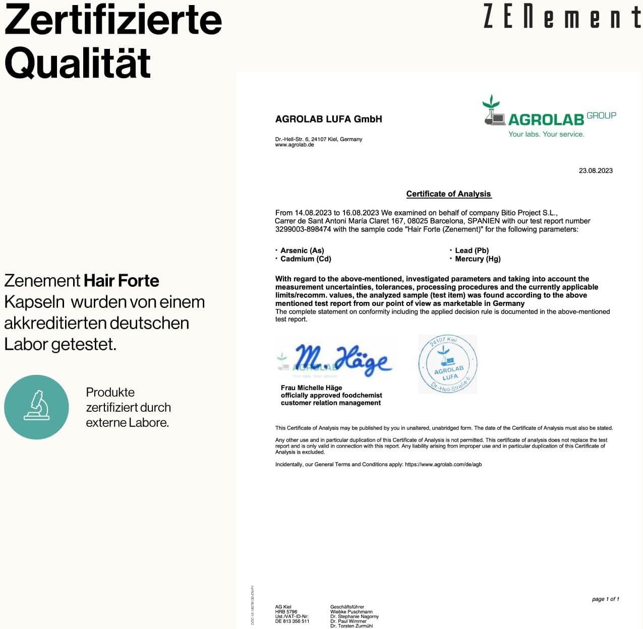 Documento di certificazione di Agrolab LUFA GmbH. Certificato per Zenement Hair Forte. Conferma dell'analisi dei metalli pesanti. Firme e timbri.