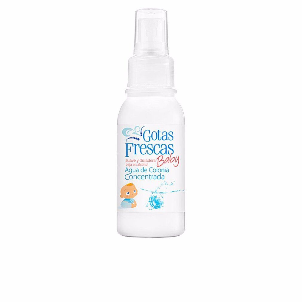 Flacone bianco con vaporizzatore. Scritta: Gotas Frescas Baby. Nome prodotto: Agua de Colonia Concentrada.