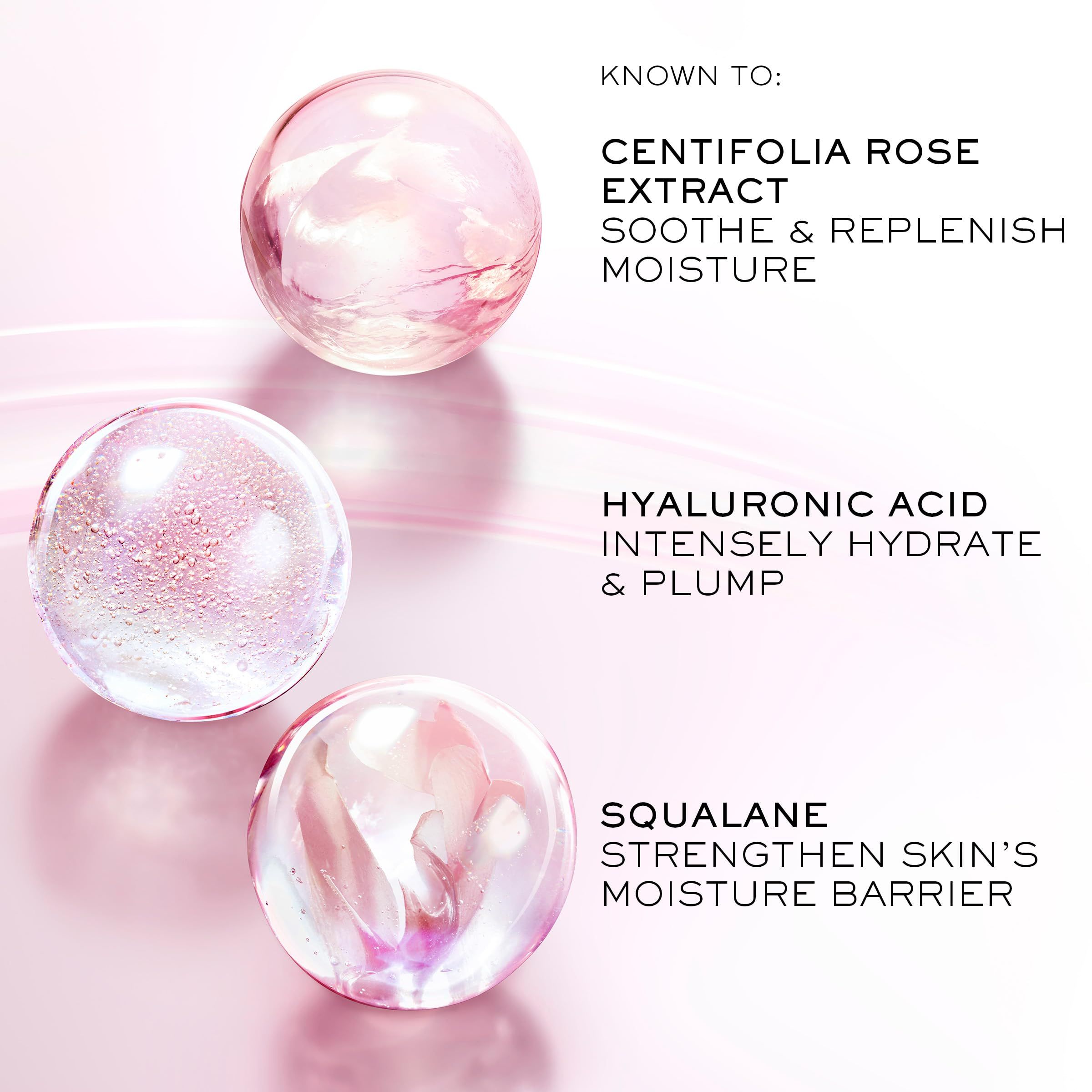 Tre sfere trasparenti. Testo: Estratto di rosa, acido ialuronico, squalano. Descrizioni: lenire, idratare, rafforzare la barriera cutanea.