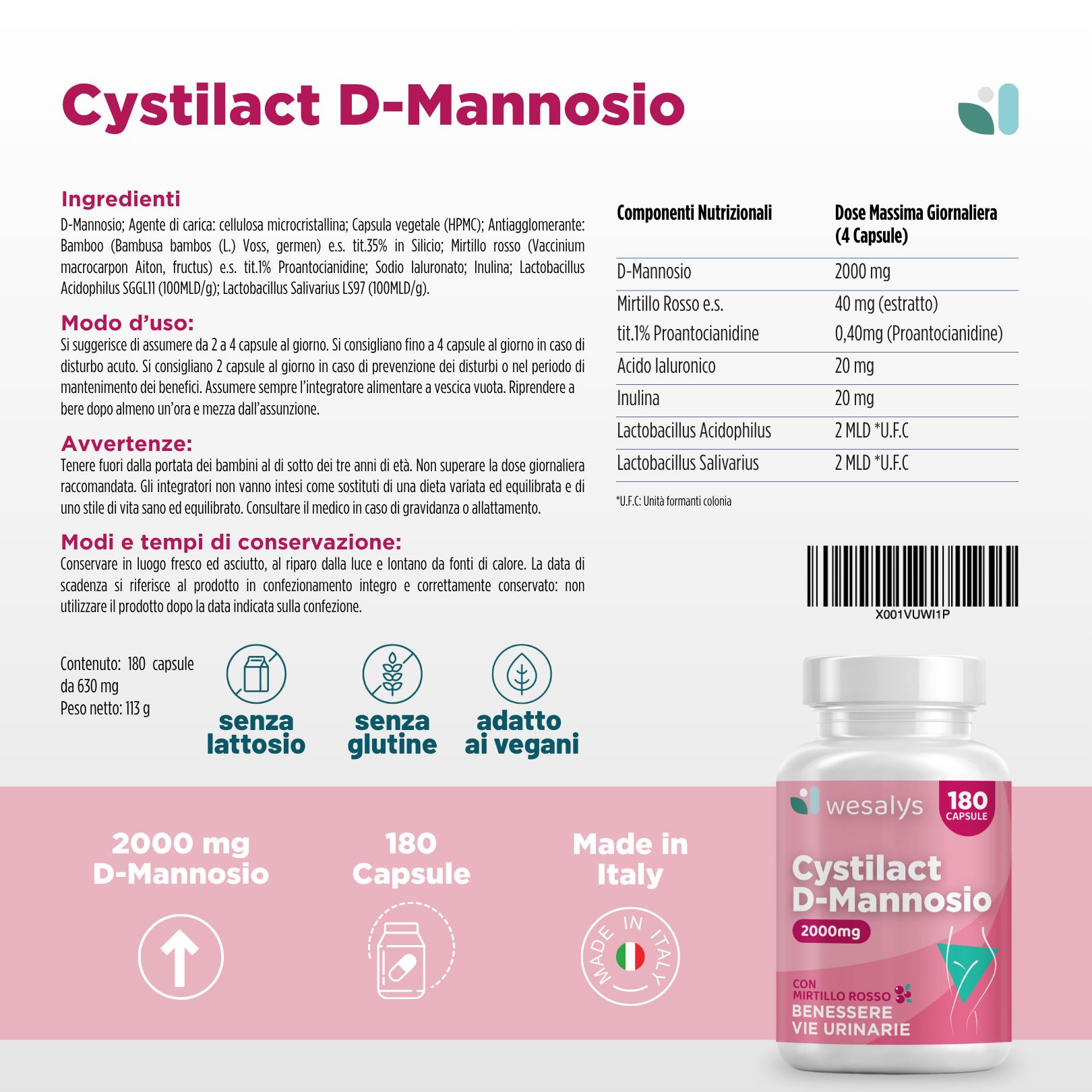 Flacone, ingredienti, informazioni nutrizionali, testo: 180 capsule, senza lattosio, senza glutine, vegano.