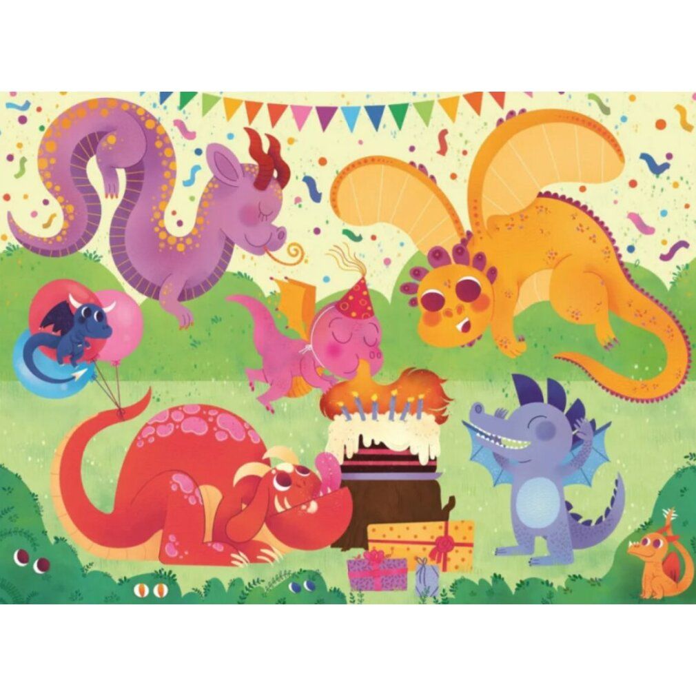 Puzzle con motivo di draghi. Diversi personaggi di draghi, torta di compleanno, regali. Area verde, sfondo giallo.