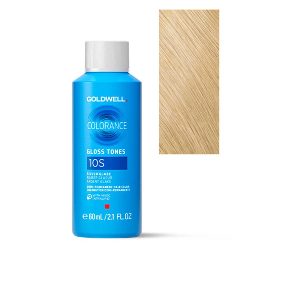 Flacone blu con tappo bianco. Scritta: Goldwell Colorance Gloss Tones 10S. Accanto, ciocca di capelli biondi.