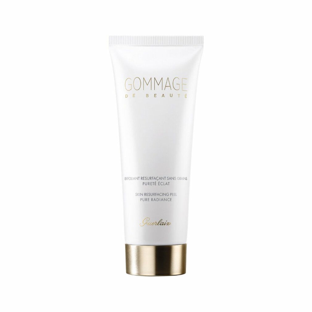Tubo bianco con base dorata. Scritta Gommage de Beauté e testo sottostante. Marchio: Guerlain.